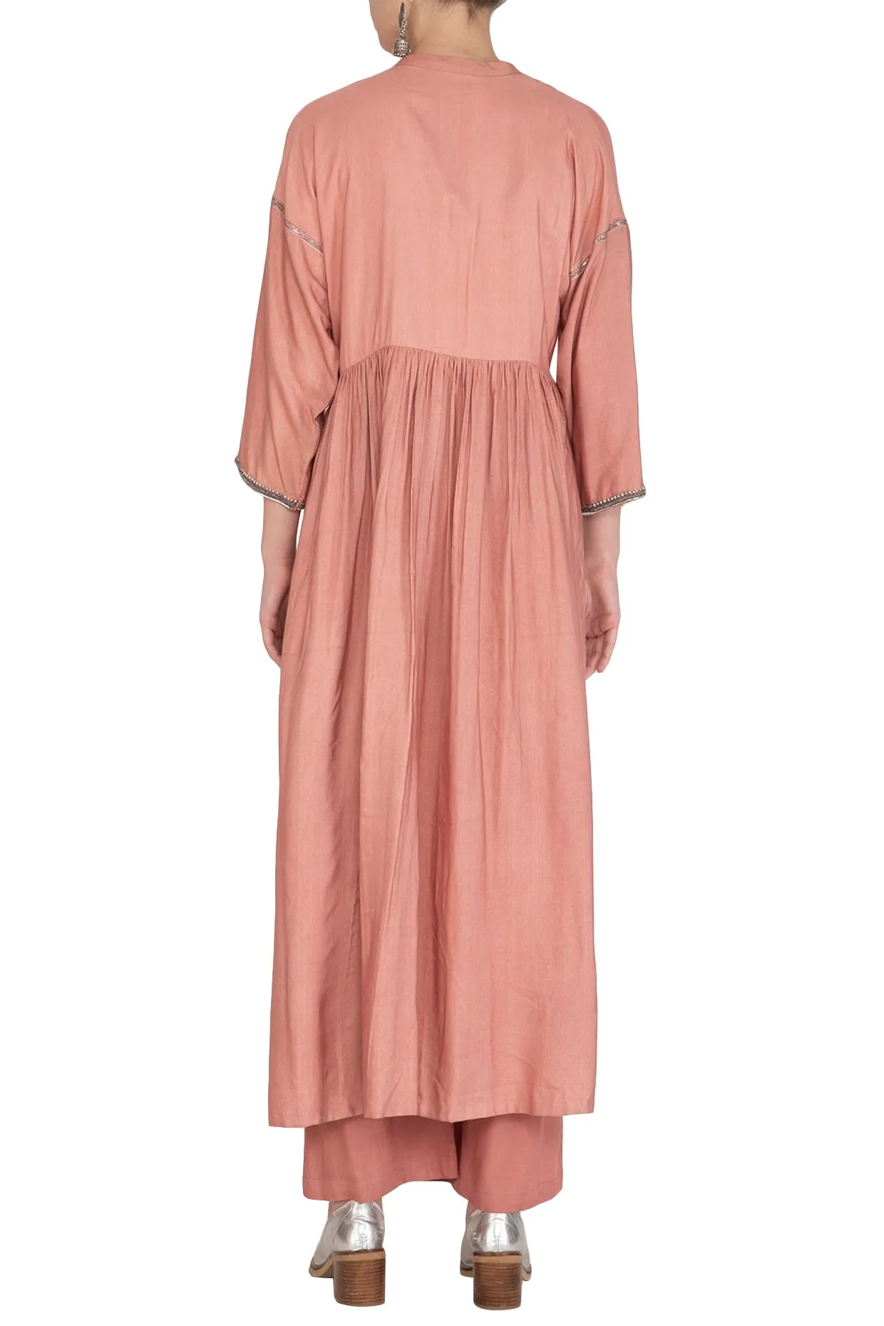 Copper Embroidered Shrug Jacket With Crop Top & Palazzo Pants