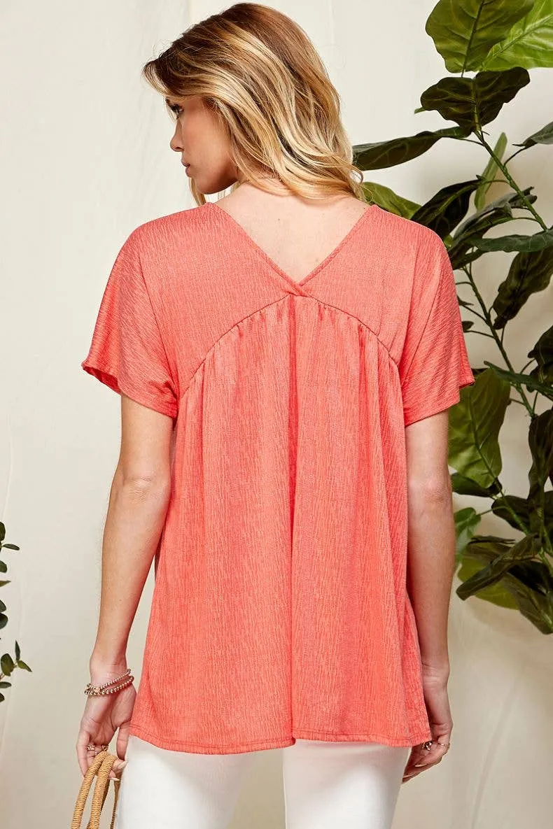 Coral Solid Soft V Neck Baby Doll Blouse