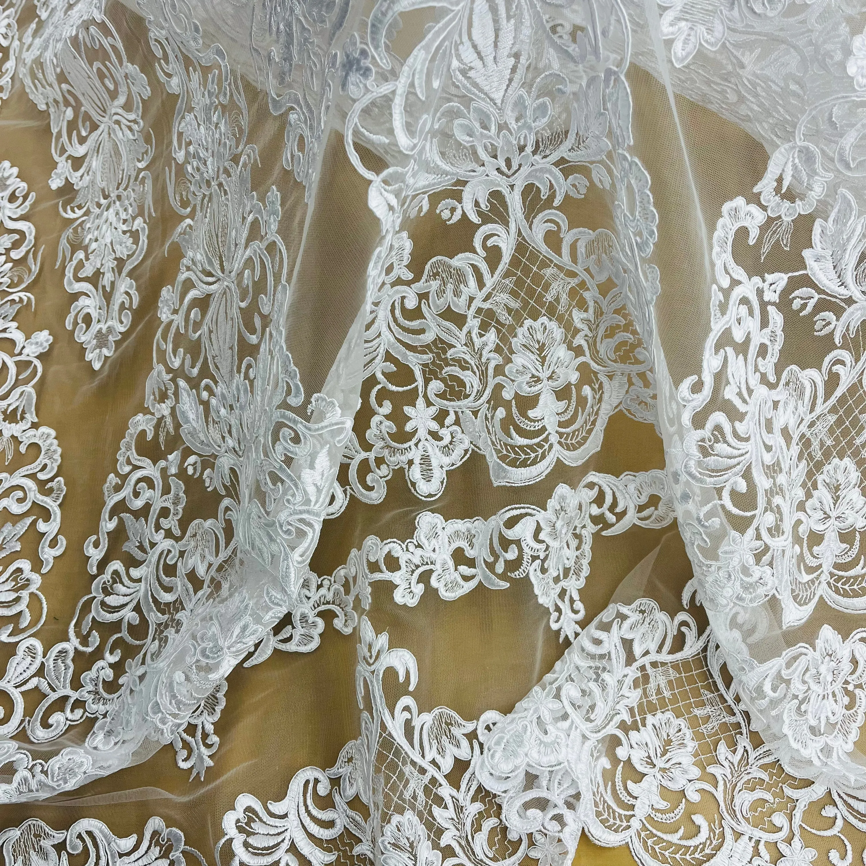 Corded Bridal Lace Fabric Embroidered on 100% Polyester Net Mesh | Lace USA - 97070W