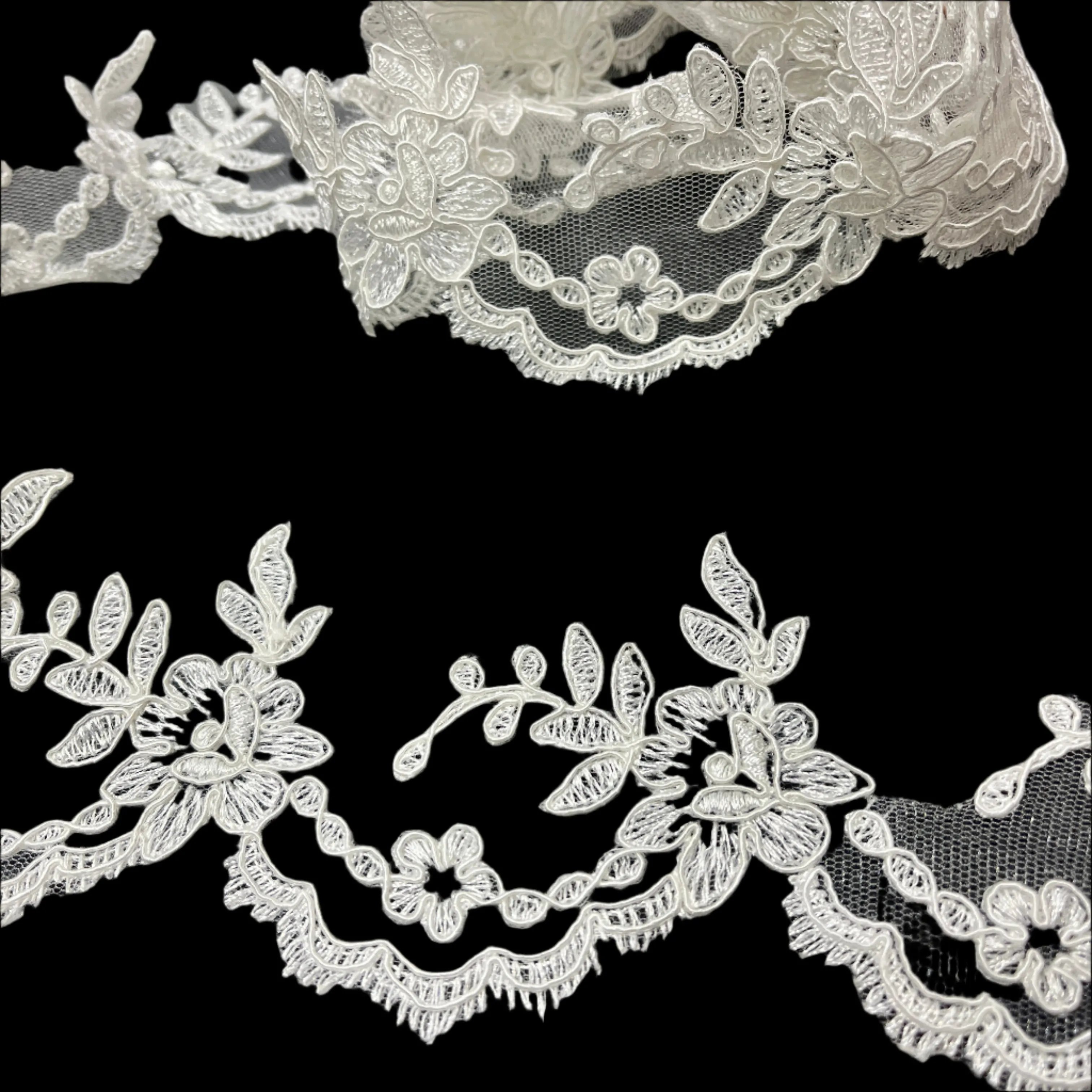 Corded Lace Trimming Embroidered on 100% Polyester Net Mesh | Lace USA - 96665W/1