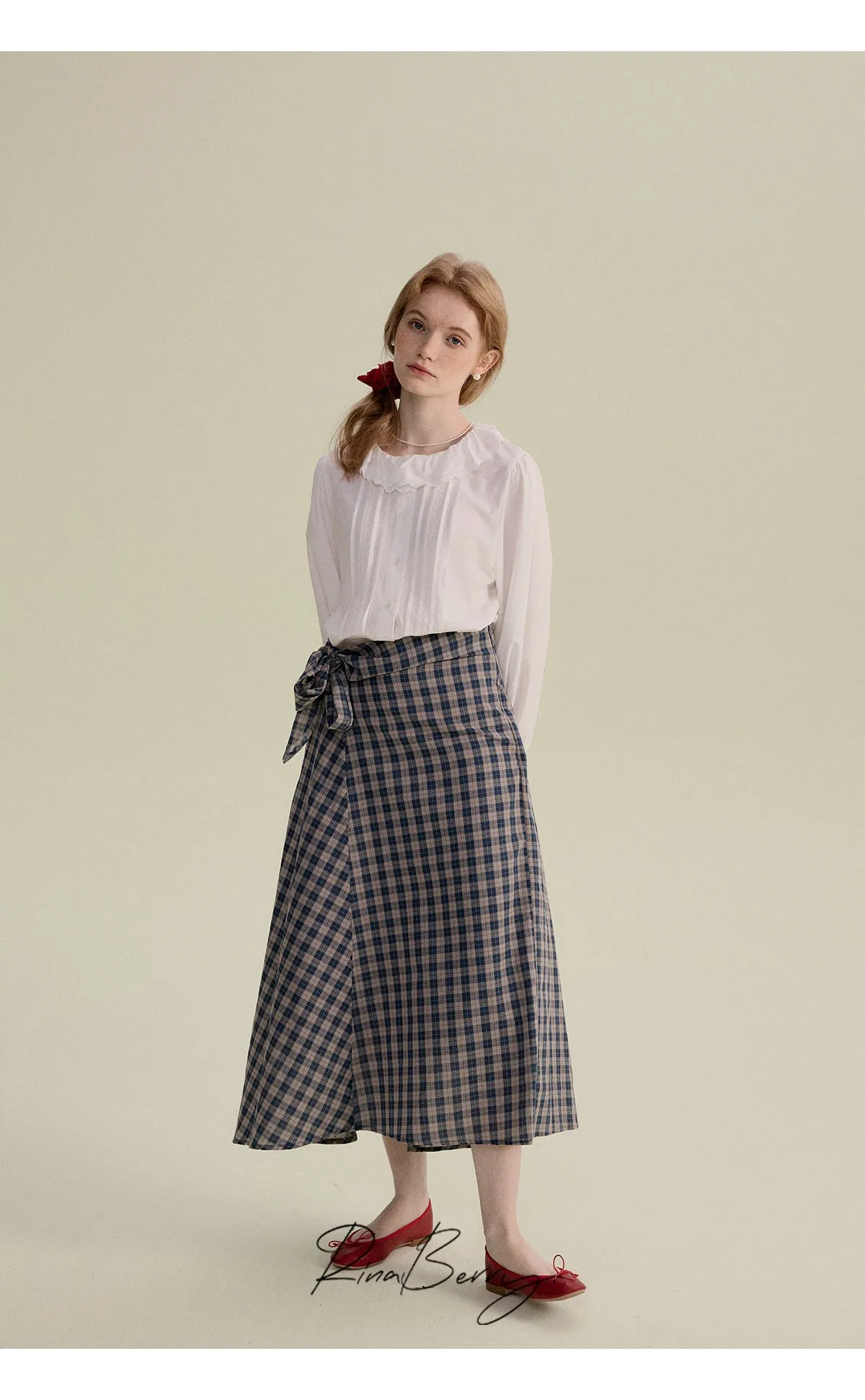 Cotton Blend High-Waist Plaid Wrapped Skirt