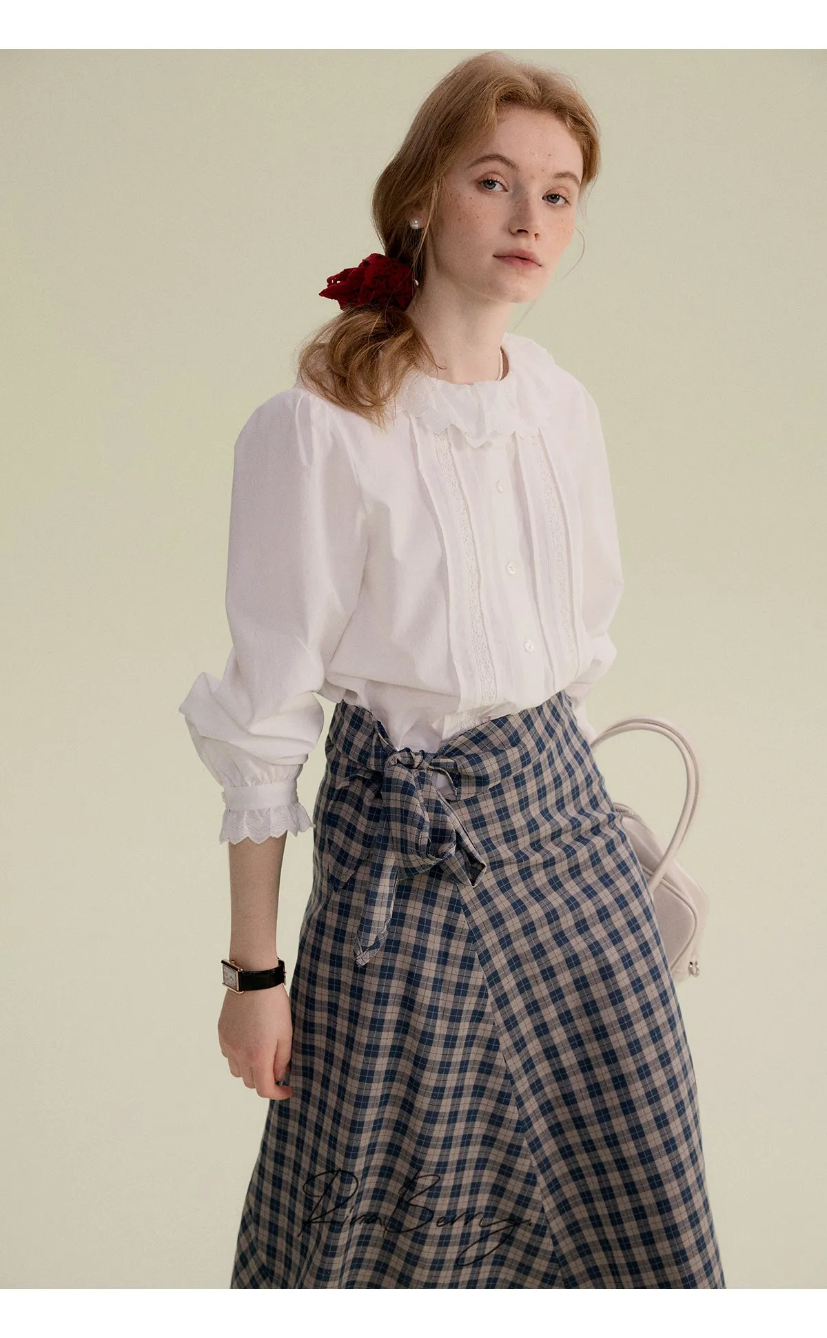 Cotton Blend High-Waist Plaid Wrapped Skirt