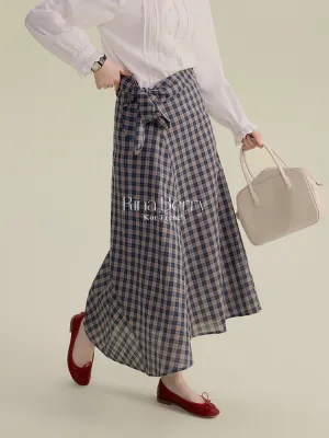 Cotton Blend High-Waist Plaid Wrapped Skirt