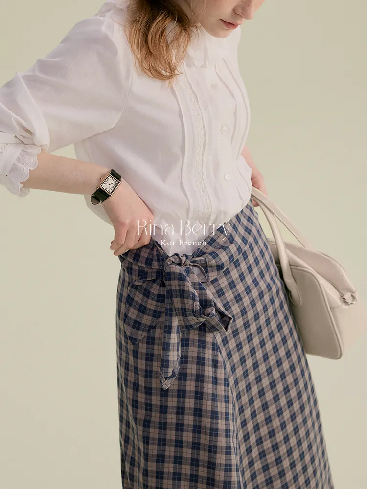 Cotton Blend High-Waist Plaid Wrapped Skirt
