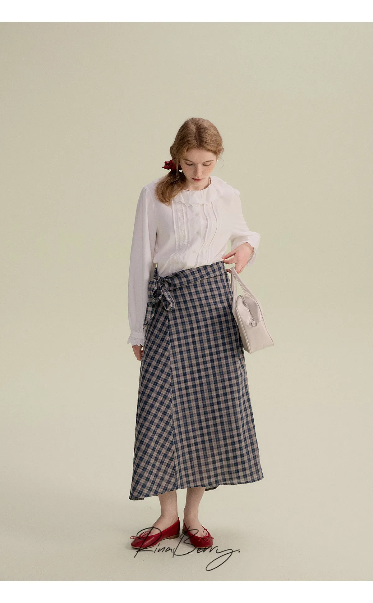Cotton Blend High-Waist Plaid Wrapped Skirt