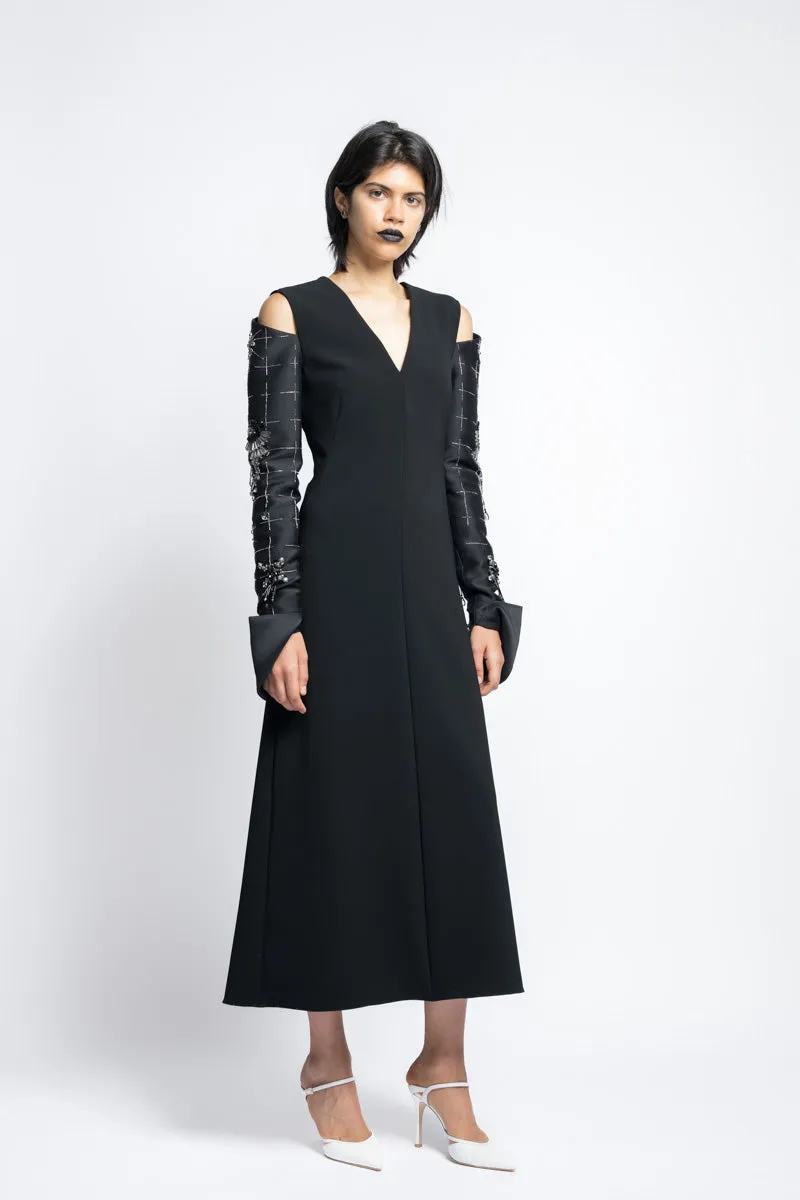 Crepe Cocktail Tunic Dress With Morning Glory Crystal Embroidery Gazar Sleeves