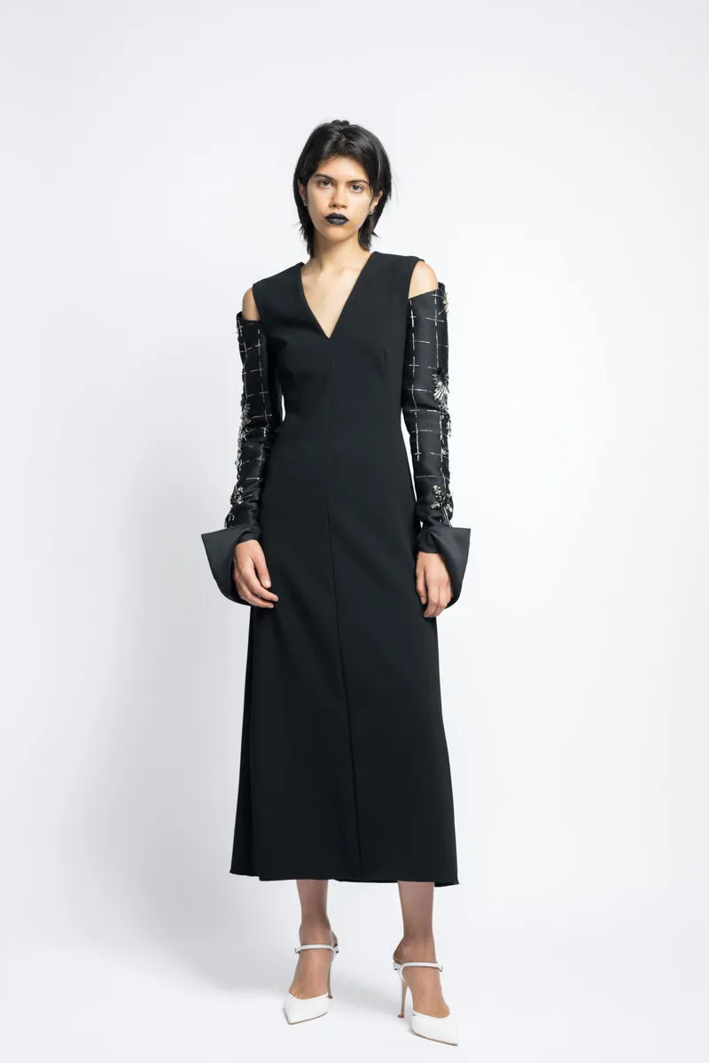 Crepe Cocktail Tunic Dress With Morning Glory Crystal Embroidery Gazar Sleeves