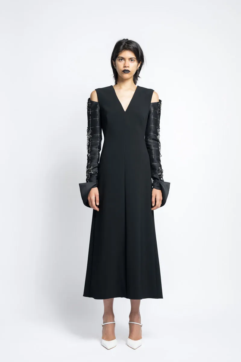 Crepe Cocktail Tunic Dress With Morning Glory Crystal Embroidery Gazar Sleeves