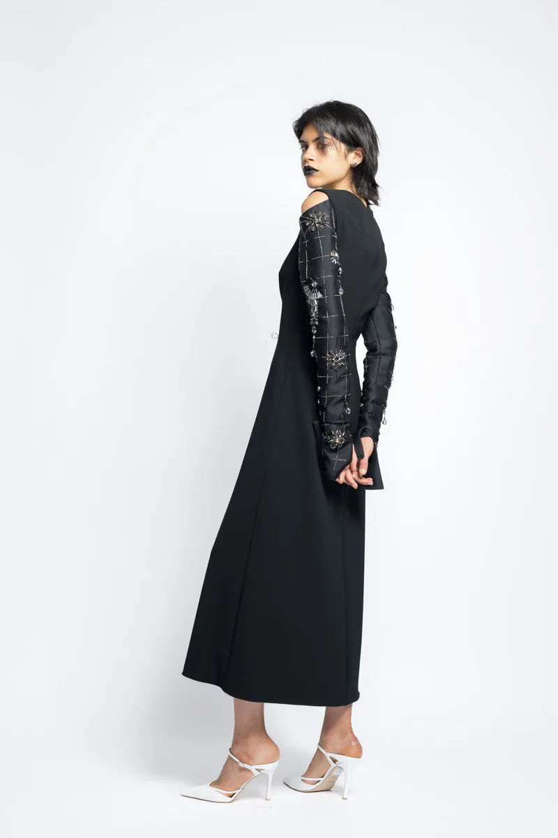 Crepe Cocktail Tunic Dress With Morning Glory Crystal Embroidery Gazar Sleeves