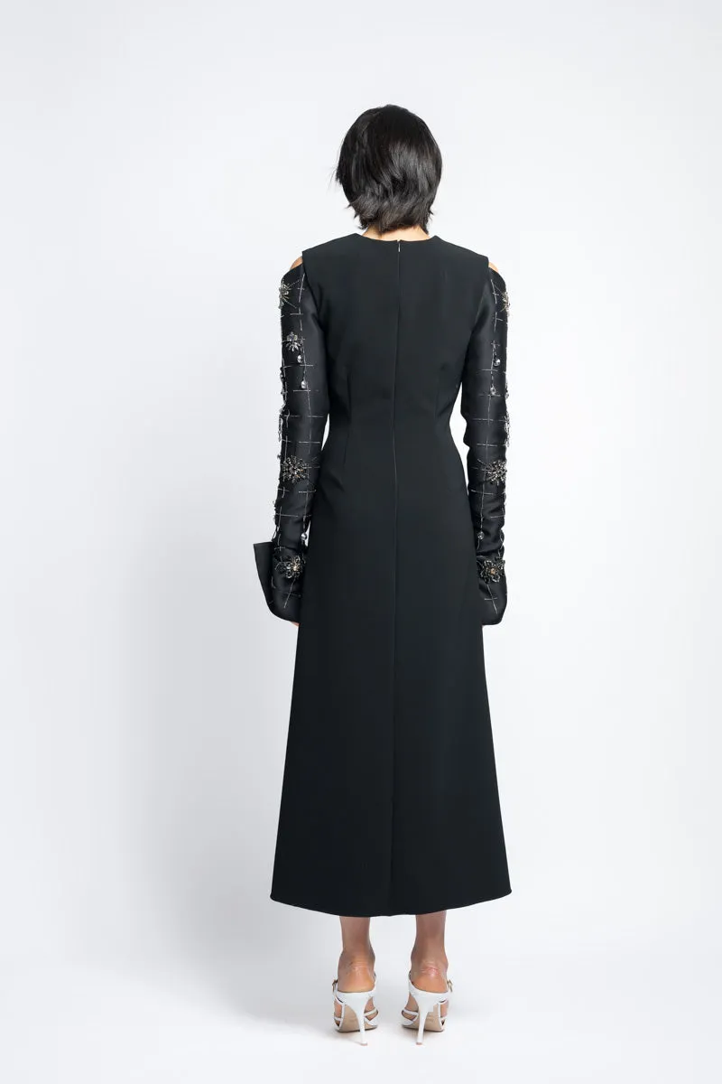 Crepe Cocktail Tunic Dress With Morning Glory Crystal Embroidery Gazar Sleeves