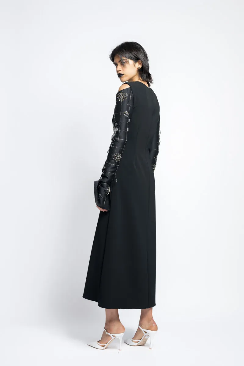 Crepe Cocktail Tunic Dress With Morning Glory Crystal Embroidery Gazar Sleeves