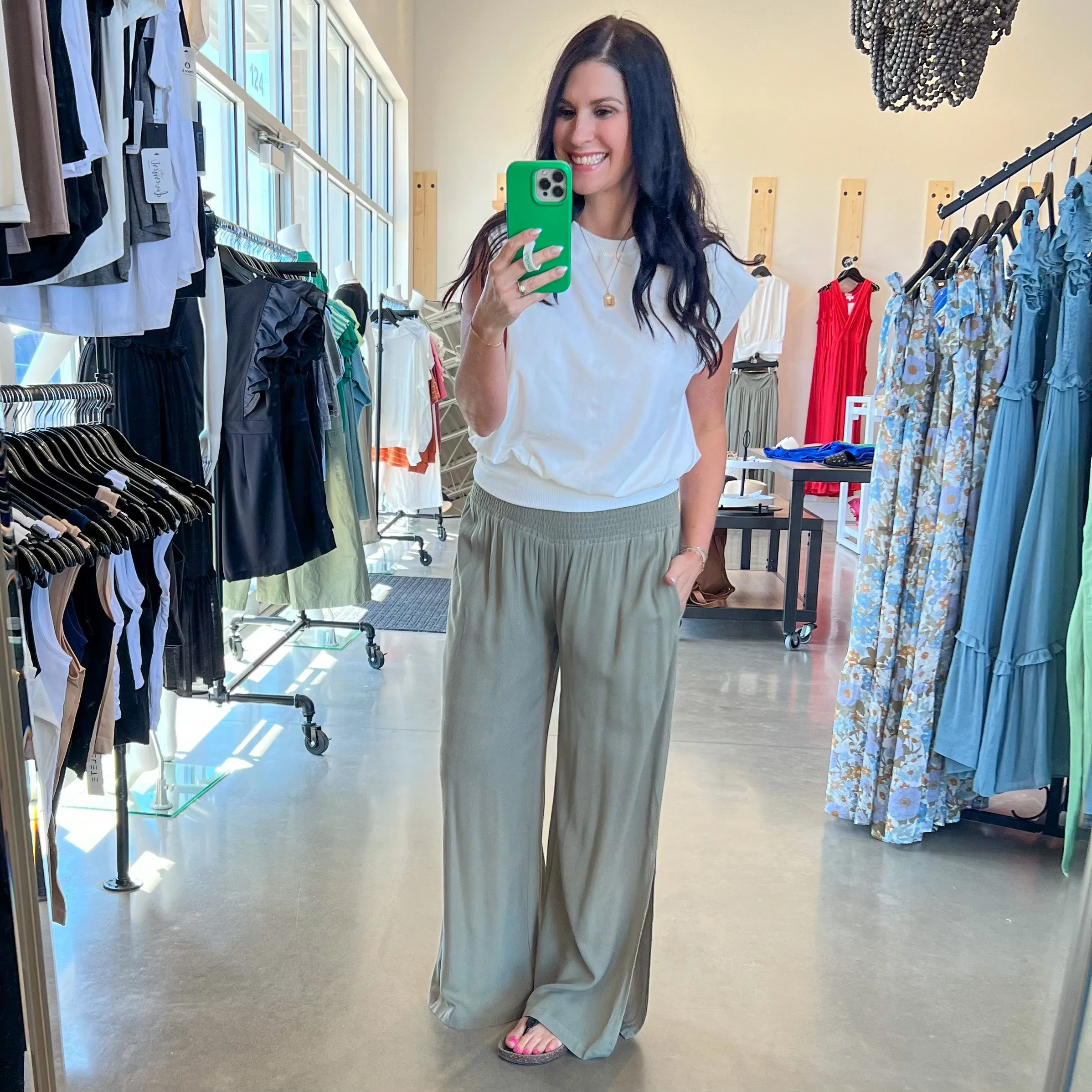 Crinkle Gauze Palazzo Pants - Olive