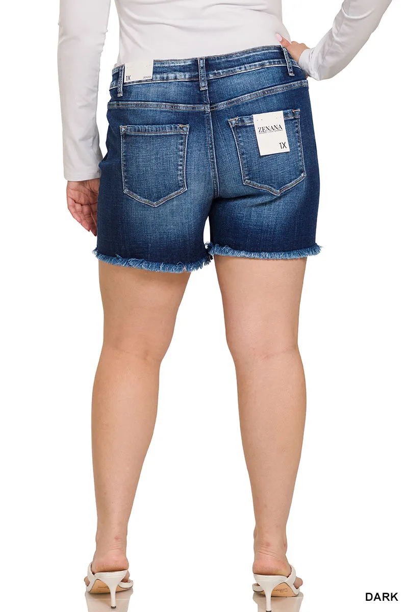 CURVY MID RISE RAW FRAYED HEM DENIM SHORTS-DARK