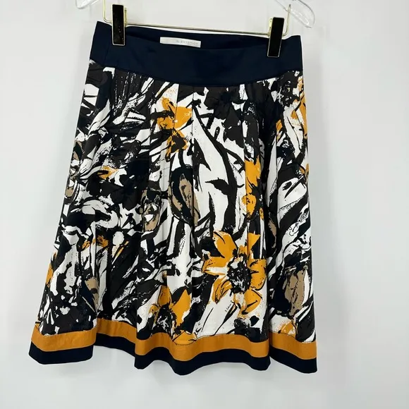 D. Exterior Pleated A Line Skirt Yellow Black White Floral Print  EU 44 Size 8