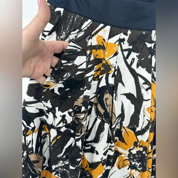D. Exterior Pleated A Line Skirt Yellow Black White Floral Print  EU 44 Size 8