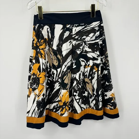 D. Exterior Pleated A Line Skirt Yellow Black White Floral Print  EU 44 Size 8