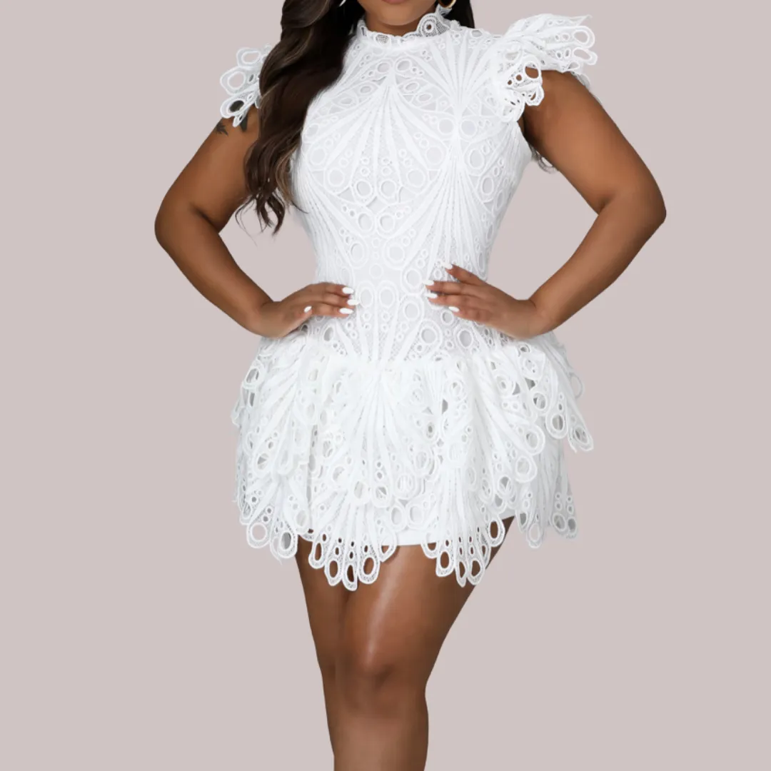 DALIA MOCK NECK LACE SKATER MINI DRESS