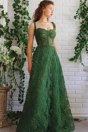 Dark Green A-line Tulle Lace Spaghetti Straps Prom Dresses, Party Dresses, MP662