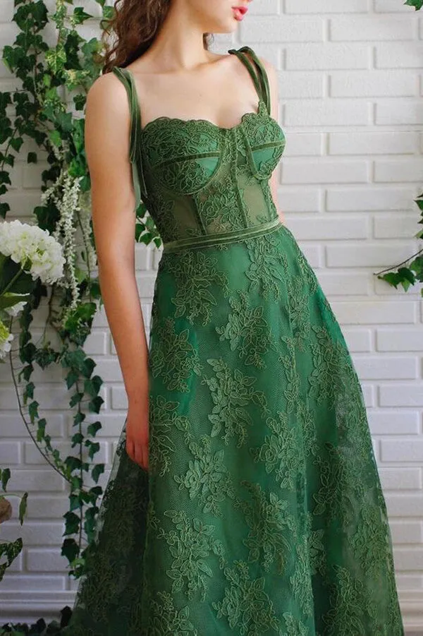 Dark Green A-line Tulle Lace Spaghetti Straps Prom Dresses, Party Dresses, MP662