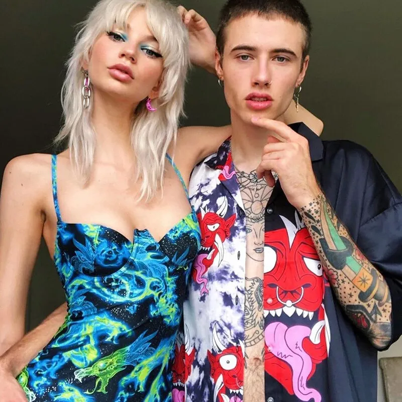 Darlingaga Chinese Style Dragon Print Strap Sexy Dress