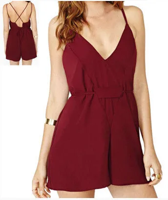 Deep V-Neck Jumpsuit Sexy Spaghetti Strap Backless Chiffon Red Rompers Shorts Pants