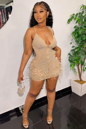 Deep V Neck Rhinestone Feather Cocktail Party Slip Mini Dresses
