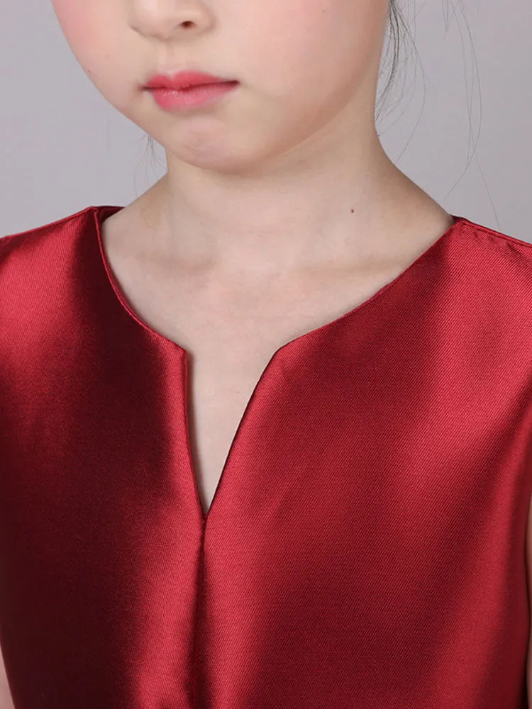 Designed Neckline Satin Fabric Sleeveless Short Princess Bows Kids Social Party Dresses