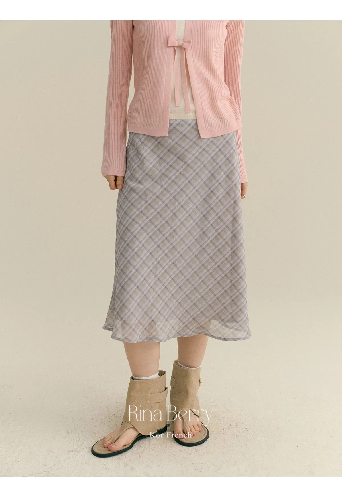 Diamond Plaid High Waist Chiffon Midi Skirt