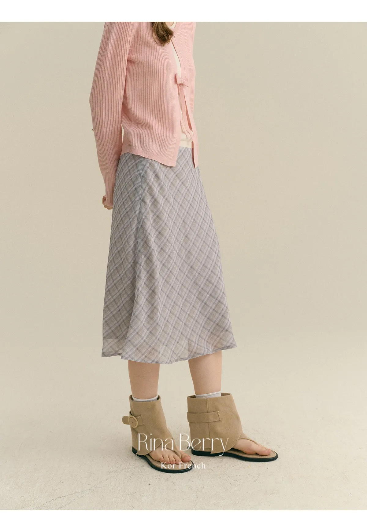 Diamond Plaid High Waist Chiffon Midi Skirt