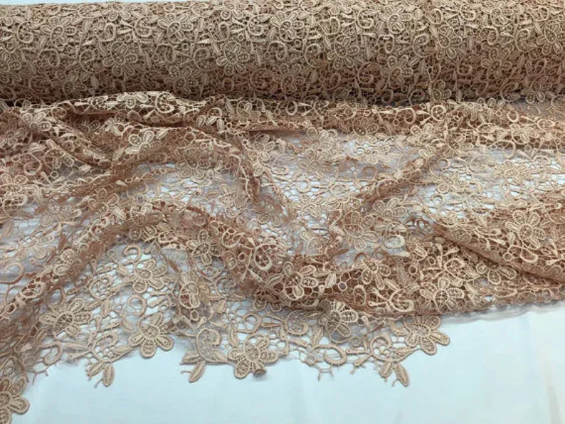 Dk.peach paisley flower guipure, wedding/bridal/prom/nightgown fabric sold by the yard