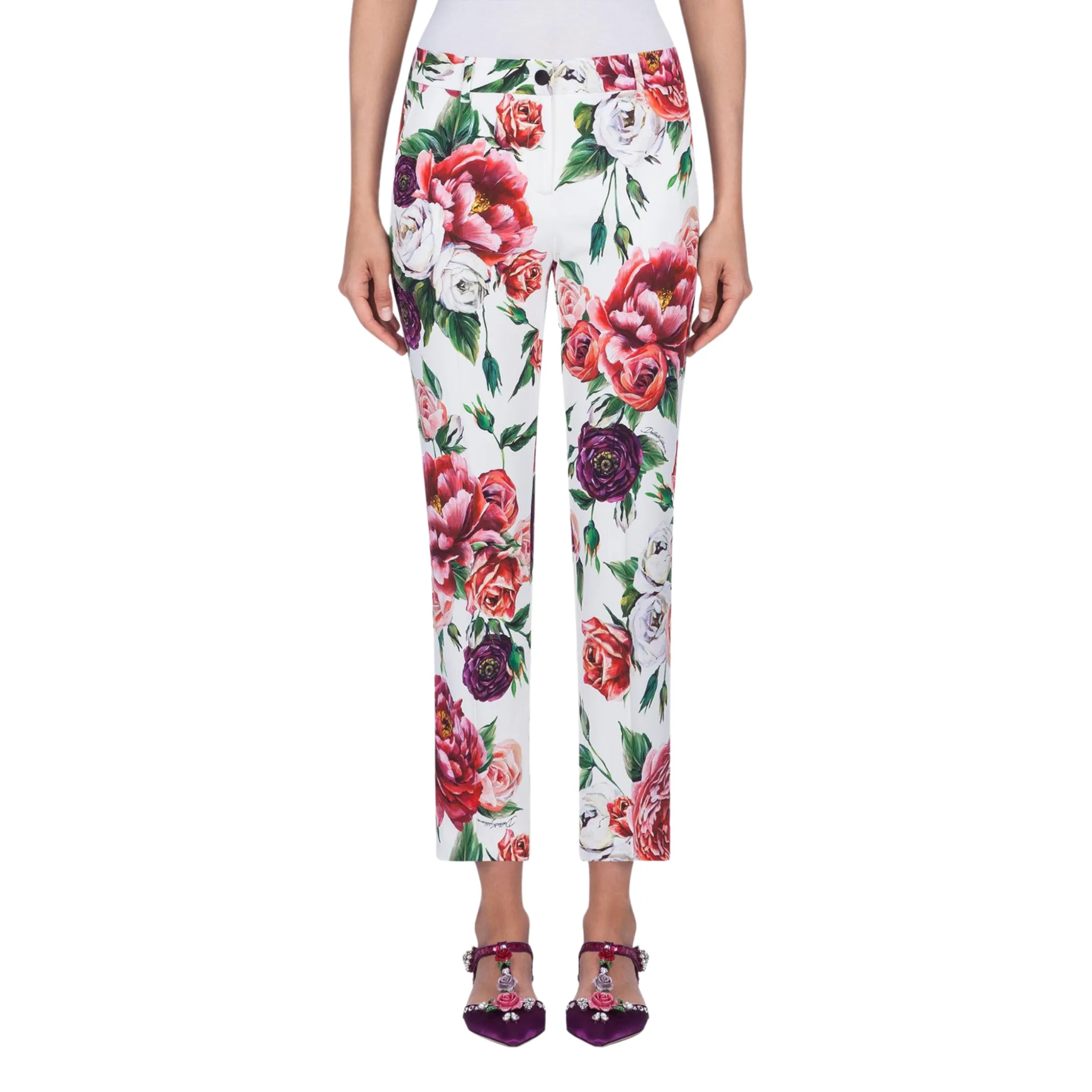 Dolce & Gabbana White Peony Print Pants