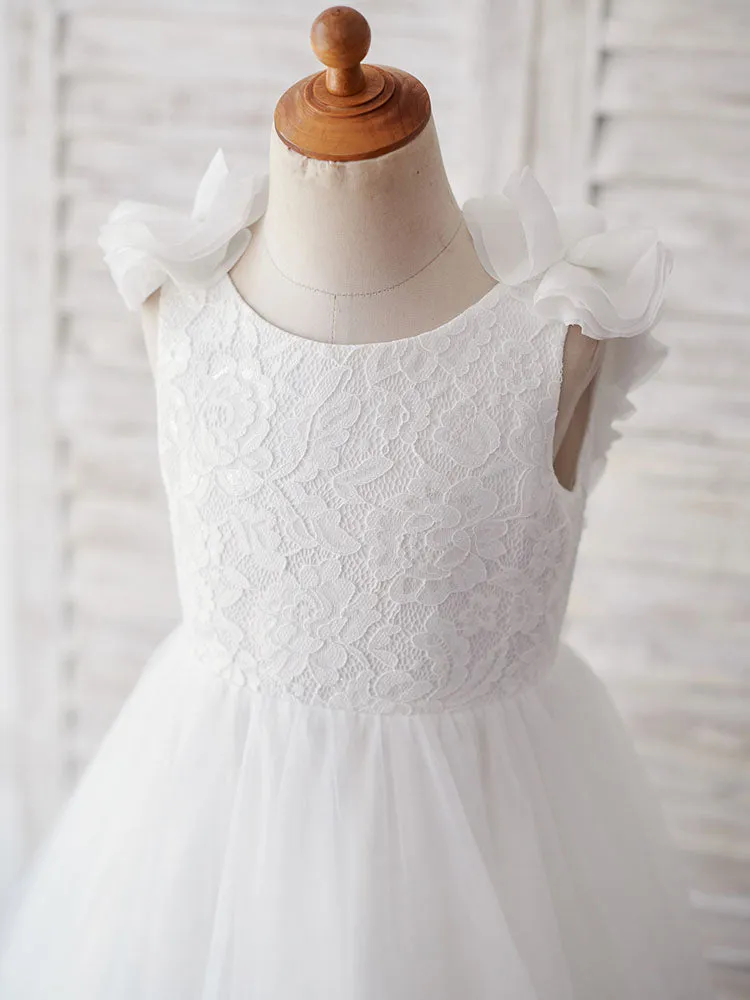 Ecru White Jewel Neck Sleeveless Pearls Kids Party Dresses
