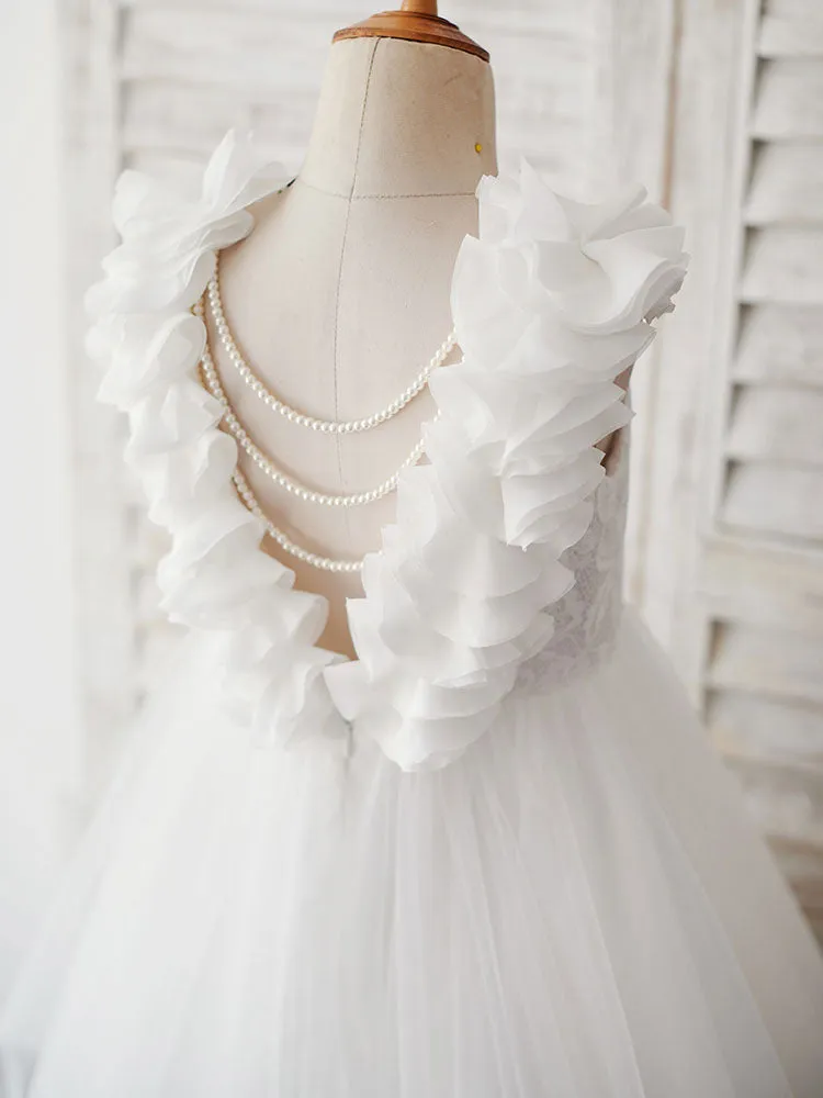 Ecru White Jewel Neck Sleeveless Pearls Kids Party Dresses