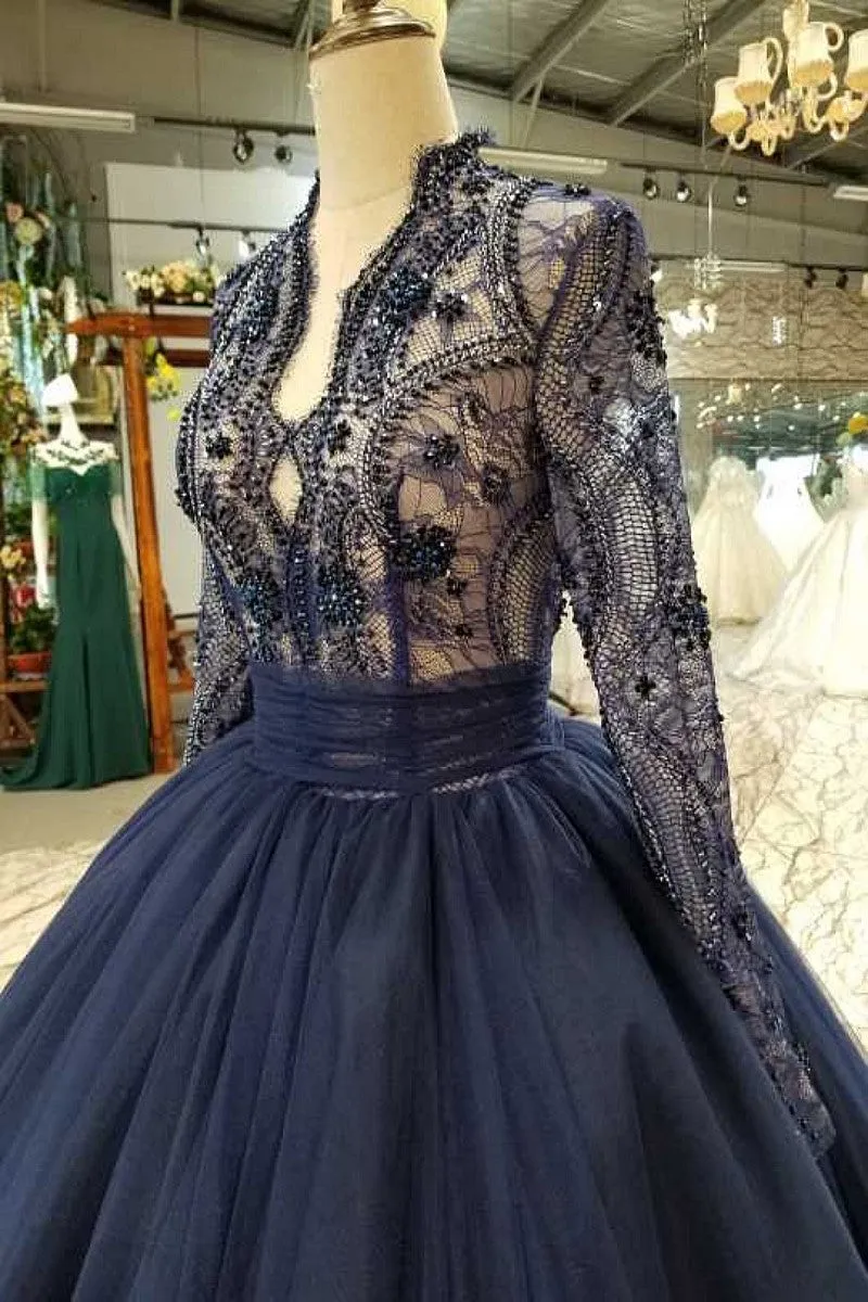 Elegant 2019 Quinceanera Dresses Full Sleeve Lace Beaded Navy Blue Tulle Puffy Ruffles Sweet 16 Dress Ball Gown