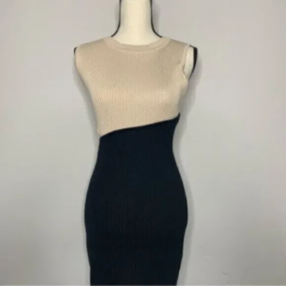 Elegant Crewneck Sleeveless Color Block Sexy Cut Out Bodycon Ribbed Midi Dress