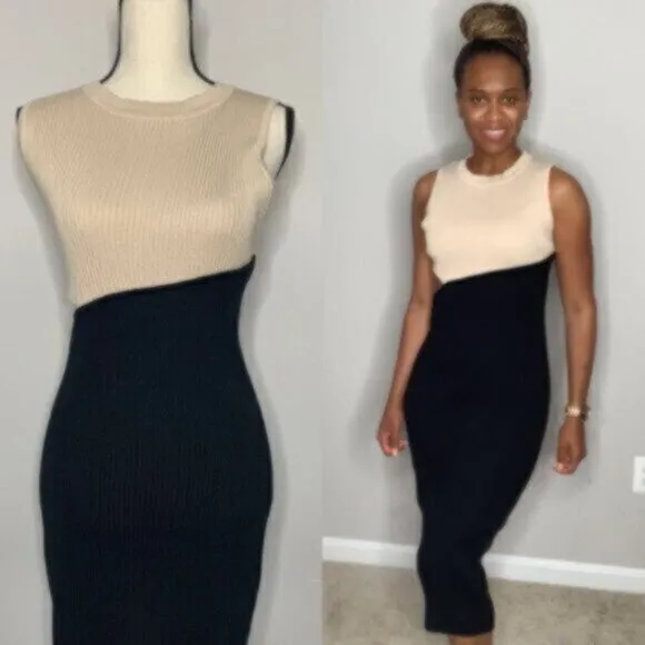Elegant Crewneck Sleeveless Color Block Sexy Cut Out Bodycon Ribbed Midi Dress