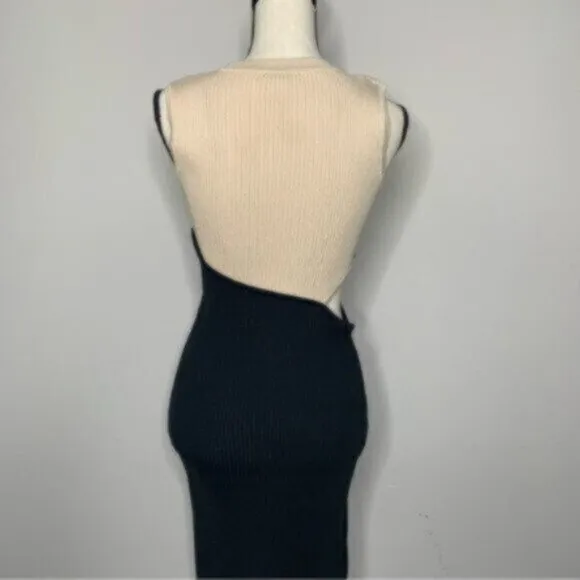 Elegant Crewneck Sleeveless Color Block Sexy Cut Out Bodycon Ribbed Midi Dress