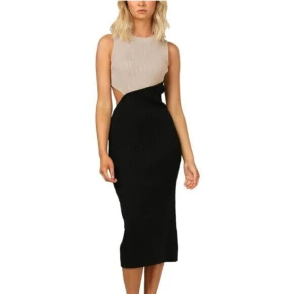 Elegant Crewneck Sleeveless Color Block Sexy Cut Out Bodycon Ribbed Midi Dress