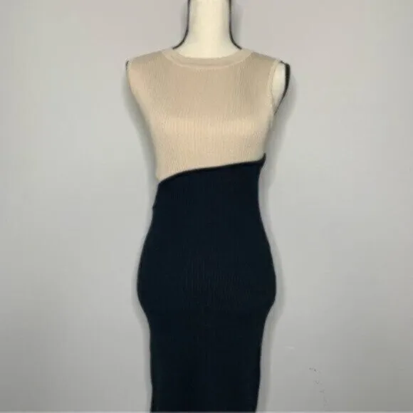 Elegant Crewneck Sleeveless Color Block Sexy Cut Out Bodycon Ribbed Midi Dress