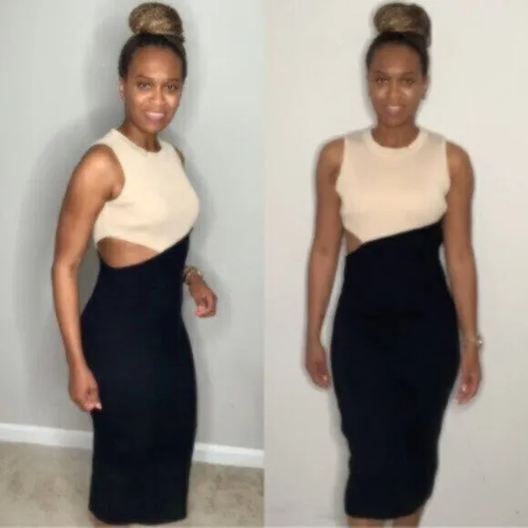 Elegant Crewneck Sleeveless Color Block Sexy Cut Out Bodycon Ribbed Midi Dress