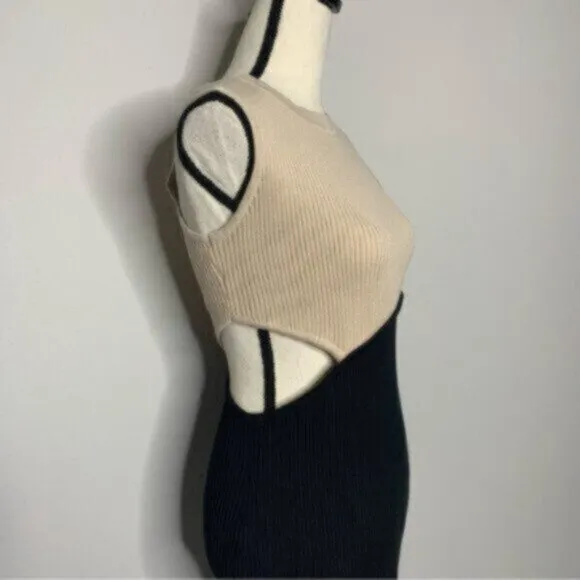 Elegant Crewneck Sleeveless Color Block Sexy Cut Out Bodycon Ribbed Midi Dress