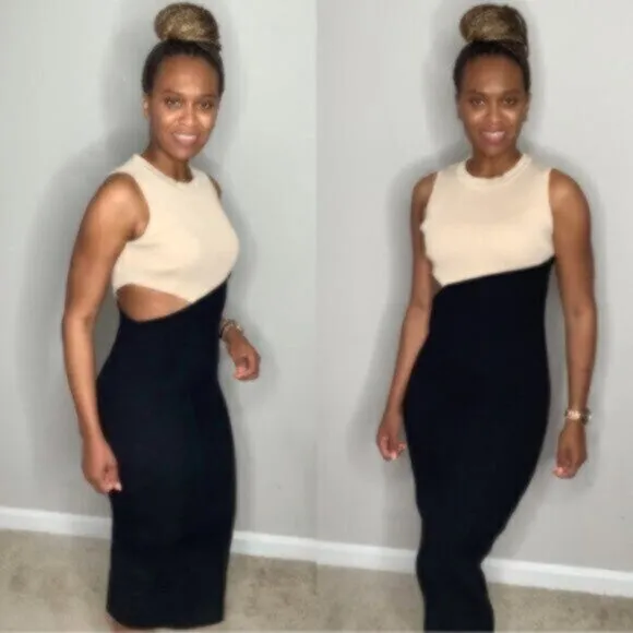 Elegant Crewneck Sleeveless Color Block Sexy Cut Out Bodycon Ribbed Midi Dress