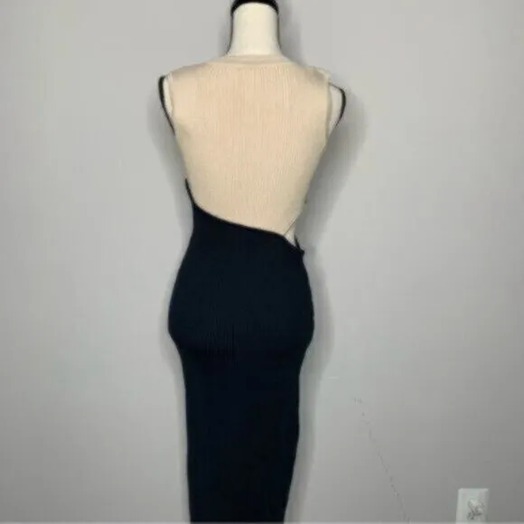 Elegant Crewneck Sleeveless Color Block Sexy Cut Out Bodycon Ribbed Midi Dress