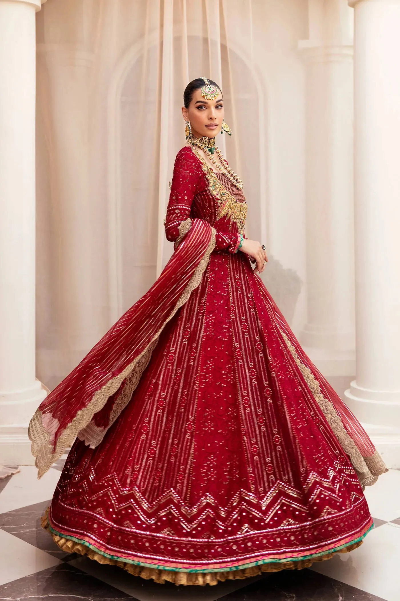 Elegant Deep Red embellished Pakistani Wedding Dress Frock Pishwas