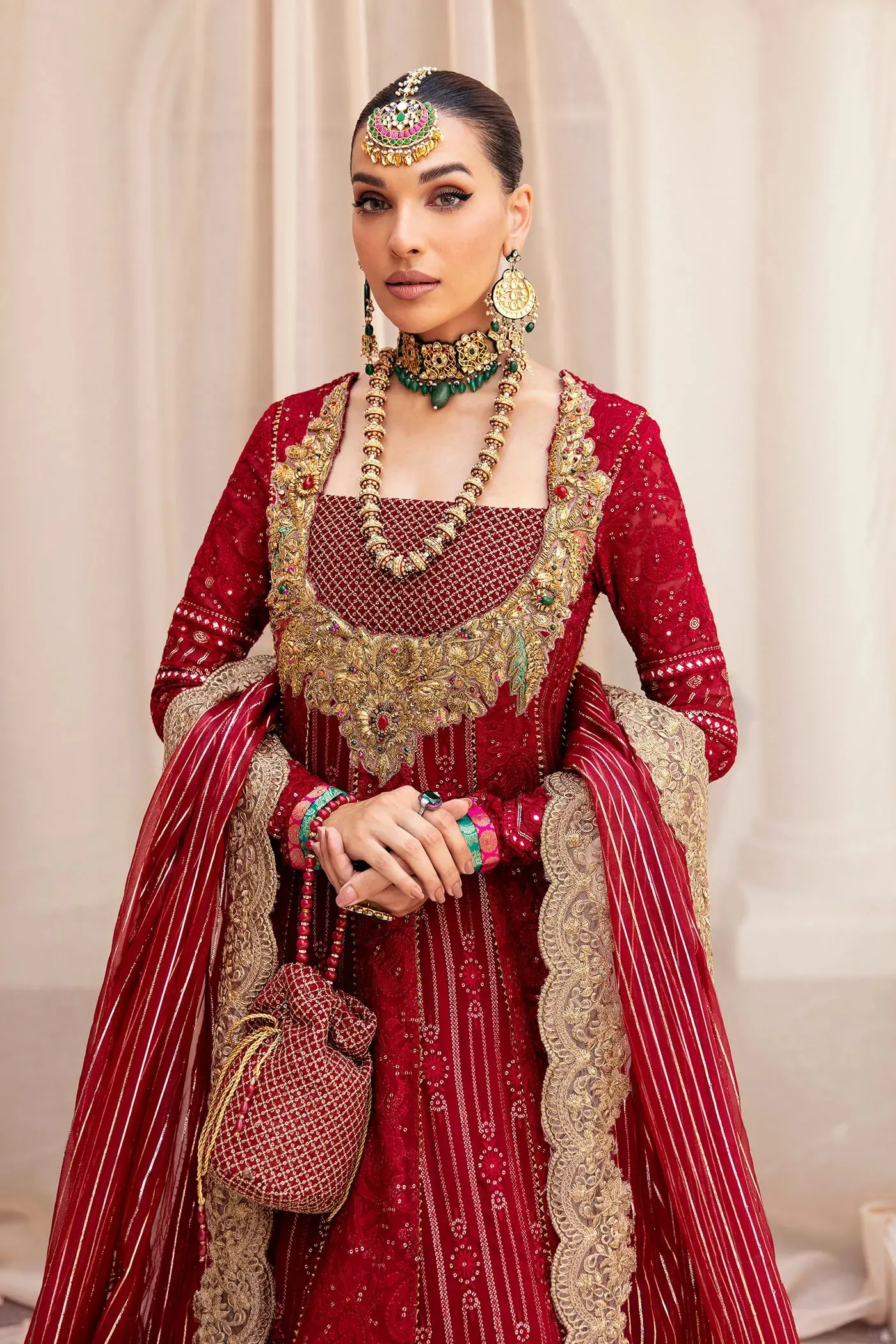 Elegant Deep Red embellished Pakistani Wedding Dress Frock Pishwas