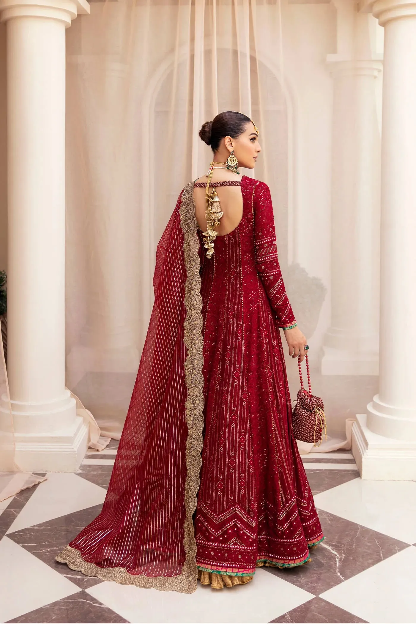 Elegant Deep Red embellished Pakistani Wedding Dress Frock Pishwas
