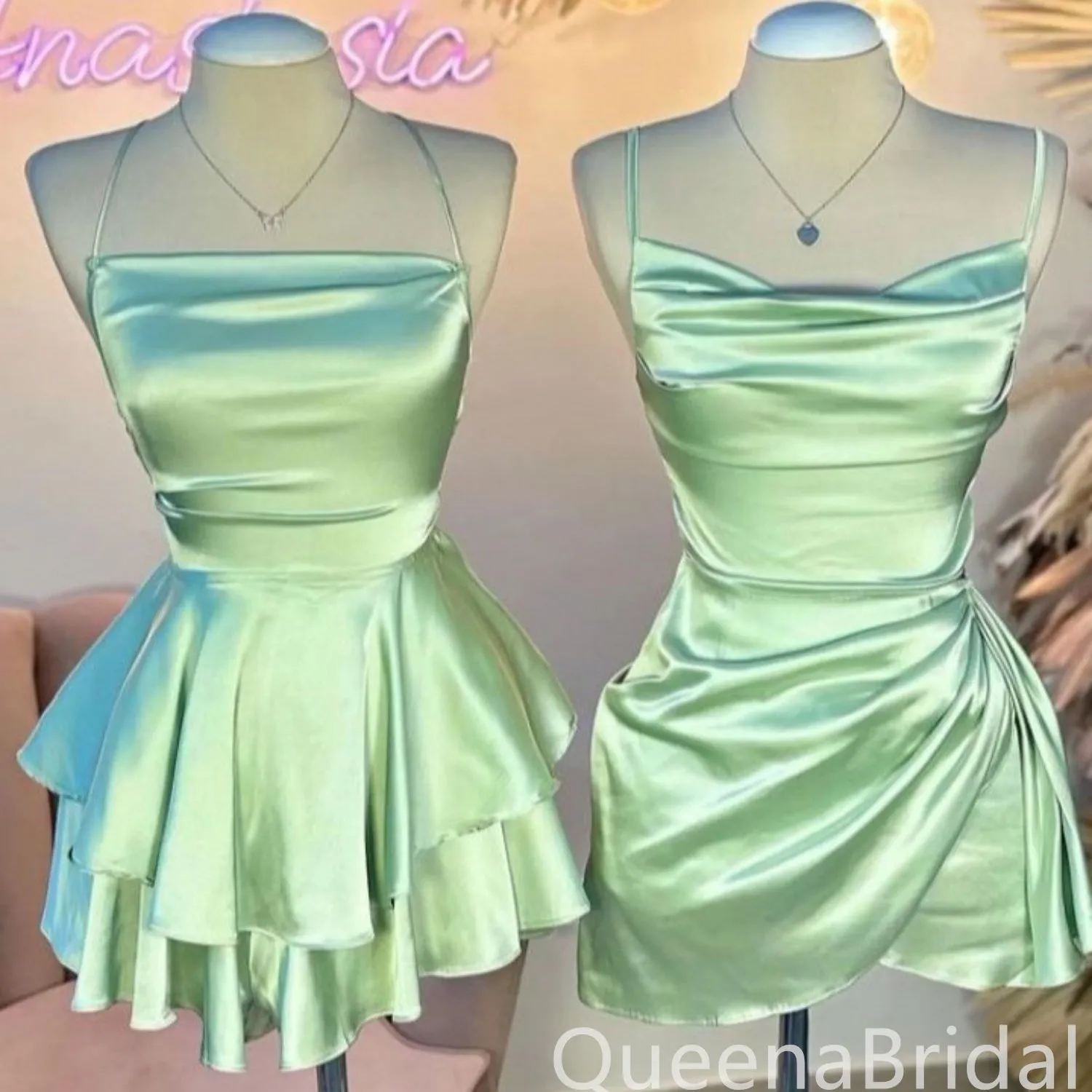 Elegant Green Spaghetti Straps A-line Graduation Party Short Homecoming Dress Formal Evening Party Dress , QB0848