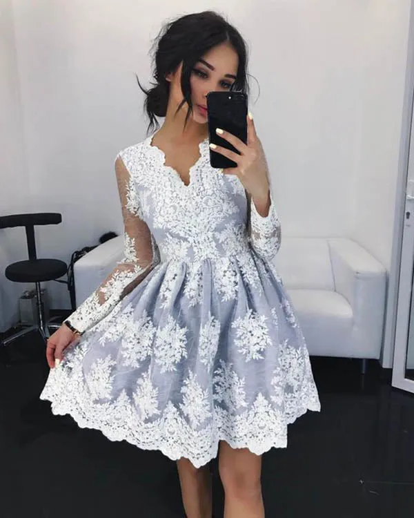 Elegant Pink Lace Homecoming Dresses Full Sleeve Lace Appliques Short Prom Party Gowns Cocktail Dress