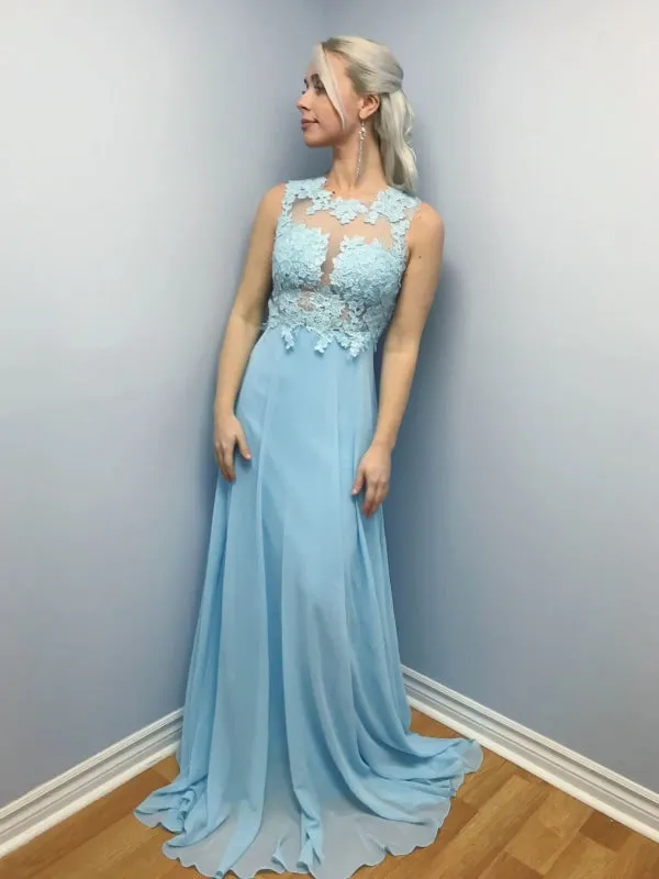 Elegant Sky Blue A Line Lace Long Prom, Sky Blue Lace Formal Graduation Evening