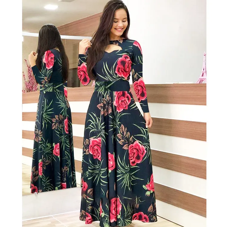 Elegant Spring Autumn Casual Bohmia Flower Maxi Dresses